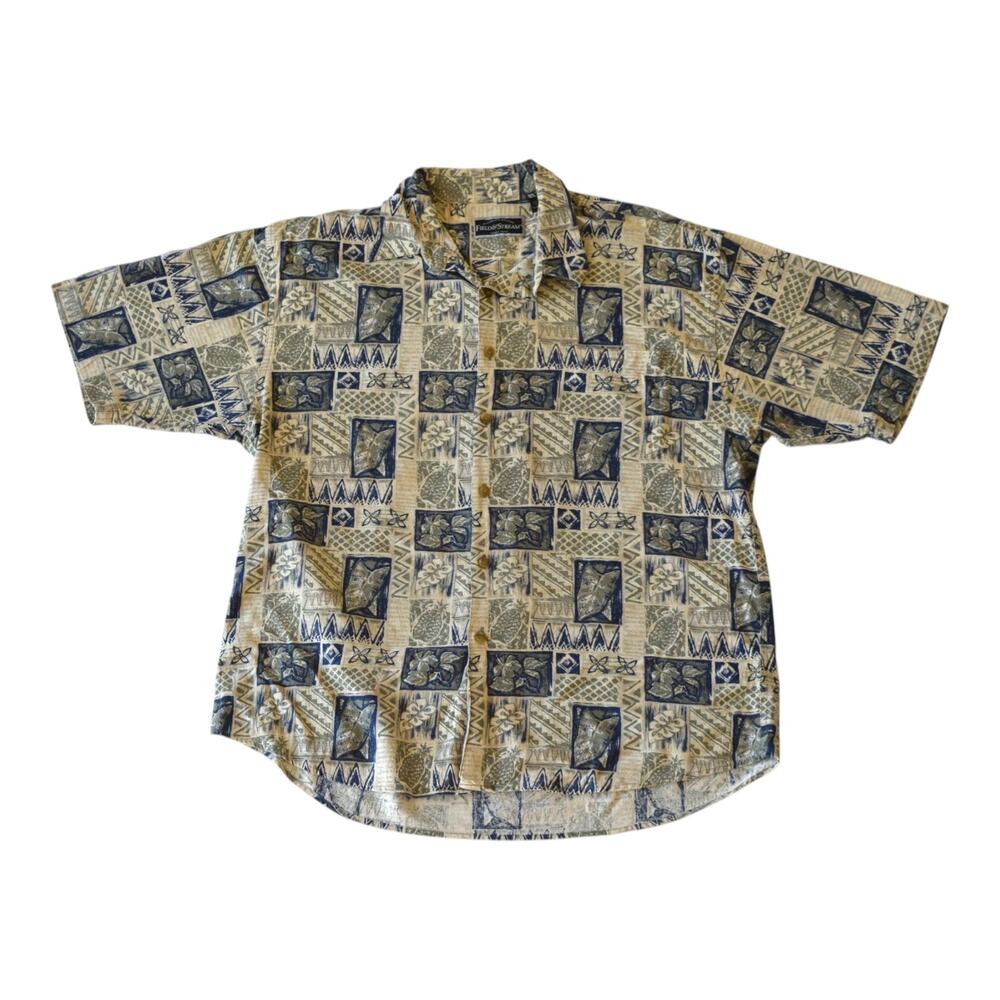 Vintage Field & Stream 100% Silk Geometric Patchwork Summer Shirt - XL